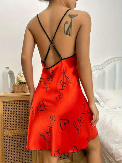 Pajama Set | Satin Slip Dress Night Dress Love Red - Gorgeous Feather