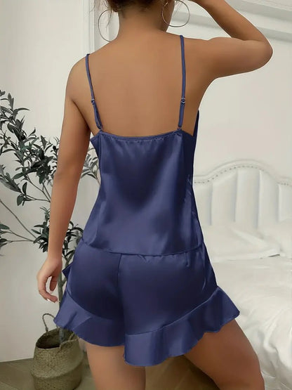 Pajama Set | Silky Satin Three pcs Set Navy Blue - Gorgeous Feather
