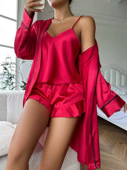 Pajama Set | Silky Satin Three pcs Set Red - Gorgeous Feather