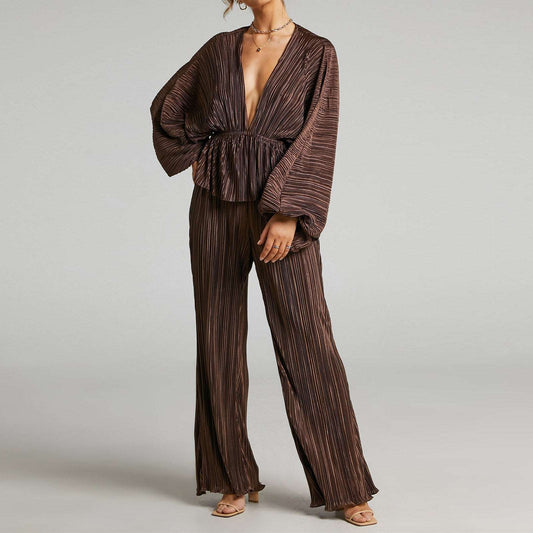 Wide Leg Pants | Deep V - neck Two - piece Suit - Gorgeous Feather