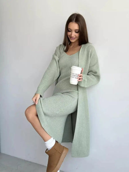 Winter Dress Knitted Long Sleeve Dress Cardigan Set - Gorgeous Feather
