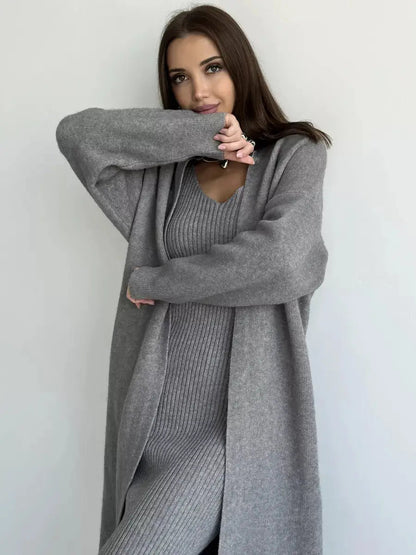 Winter Dress Knitted Long Sleeve Dress Cardigan Set - Gorgeous Feather