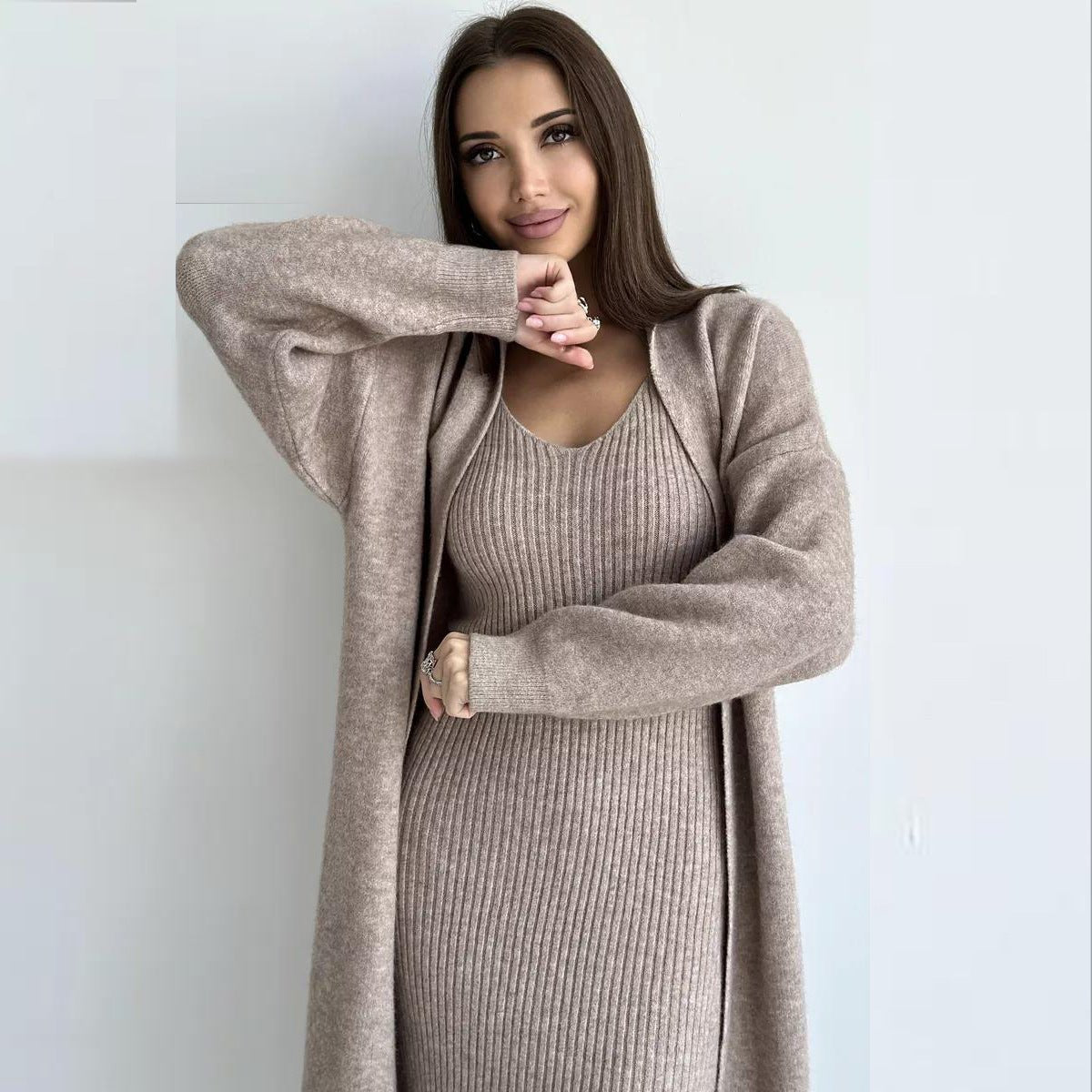 Winter Dress Knitted Long Sleeve Dress Cardigan Set - Gorgeous Feather