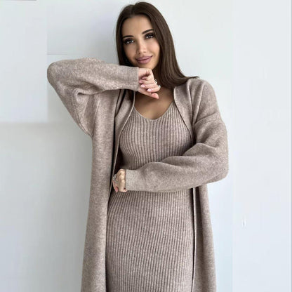 Winter Dress Knitted Long Sleeve Dress Cardigan Set - Gorgeous Feather