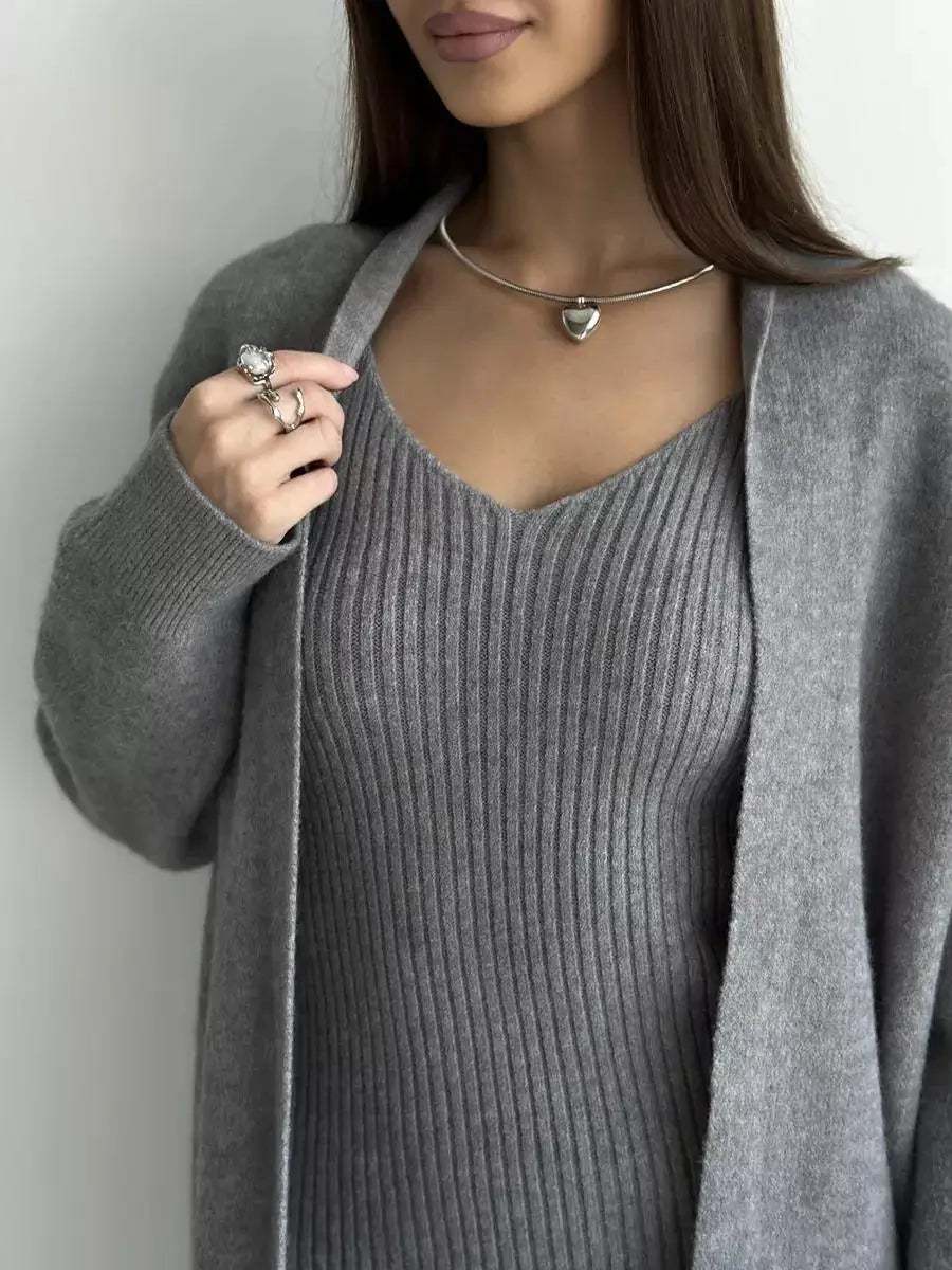 Winter Dress Knitted Long Sleeve Dress Cardigan Set - Gorgeous Feather
