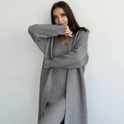 Winter Dress Knitted Long Sleeve Dress Cardigan Set - Gorgeous Feather