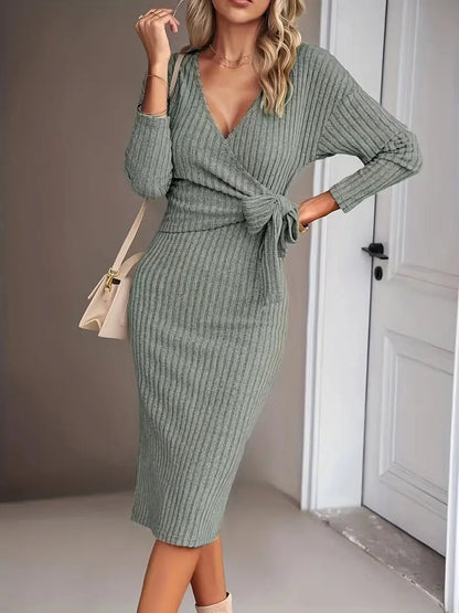 Winter Dress Winter V - neck Long Sleeve Knitted Tied - Gorgeous Feather