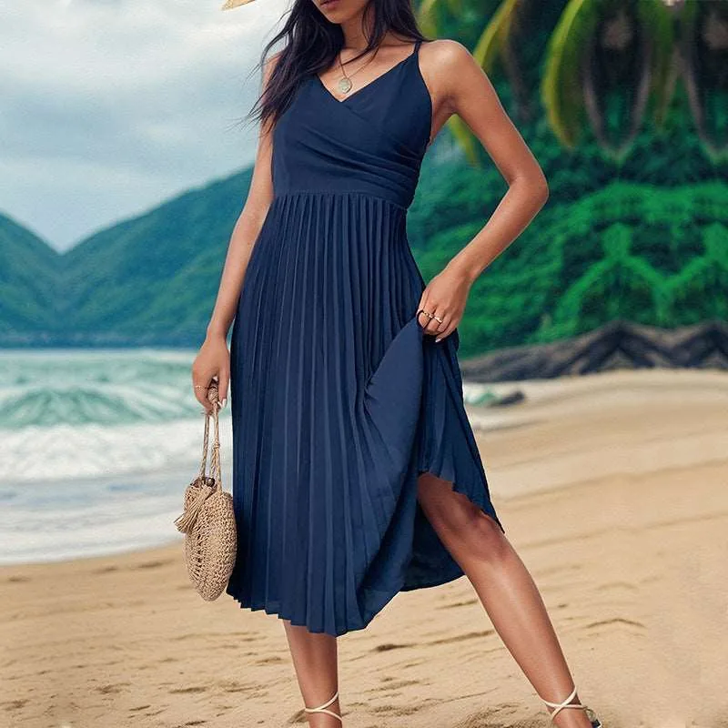 Navy sleeveless pleated midi dress
