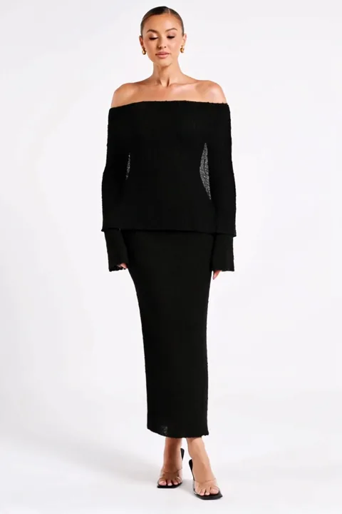 Off-shoulder knitted maxi dress in black