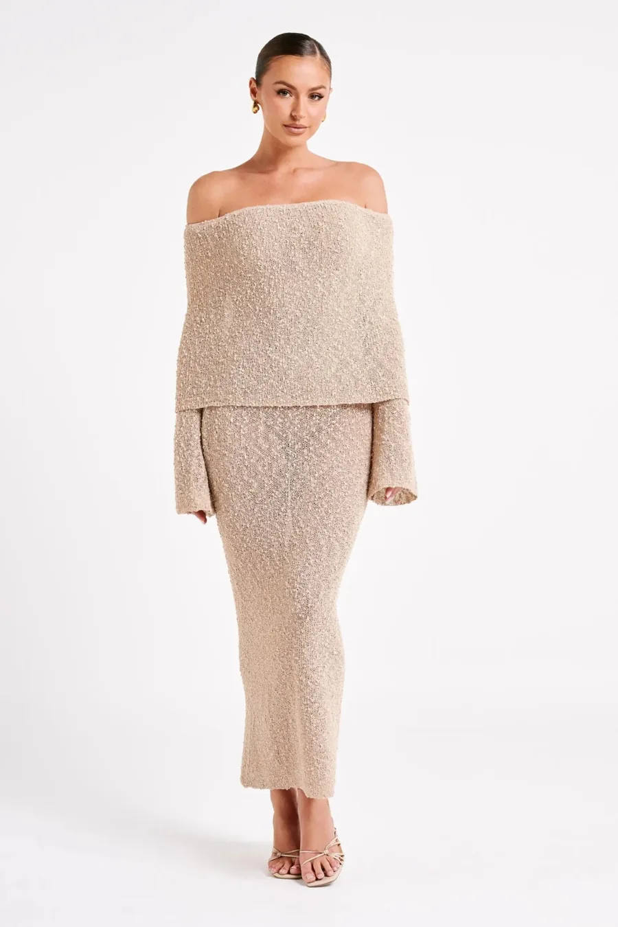 Off-shoulder knitted maxi dress in wheat