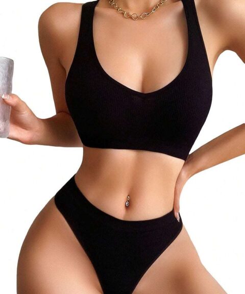 Black Ribbed Bra & Brief Set