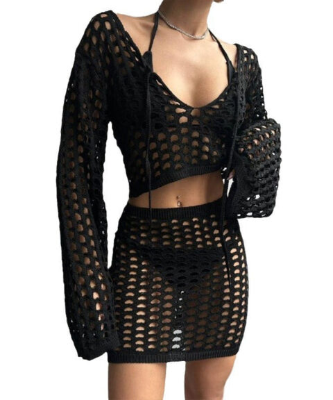 Black Open-Knit Beach Cover-Up Set