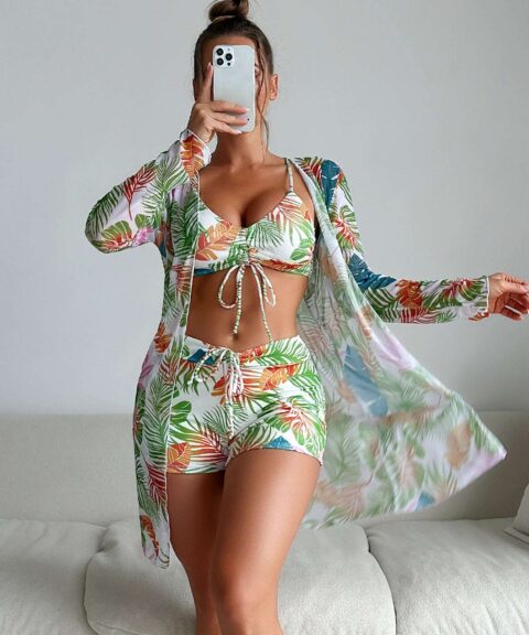 Tropical Print Bikini, Shorts & Cover-Up Set