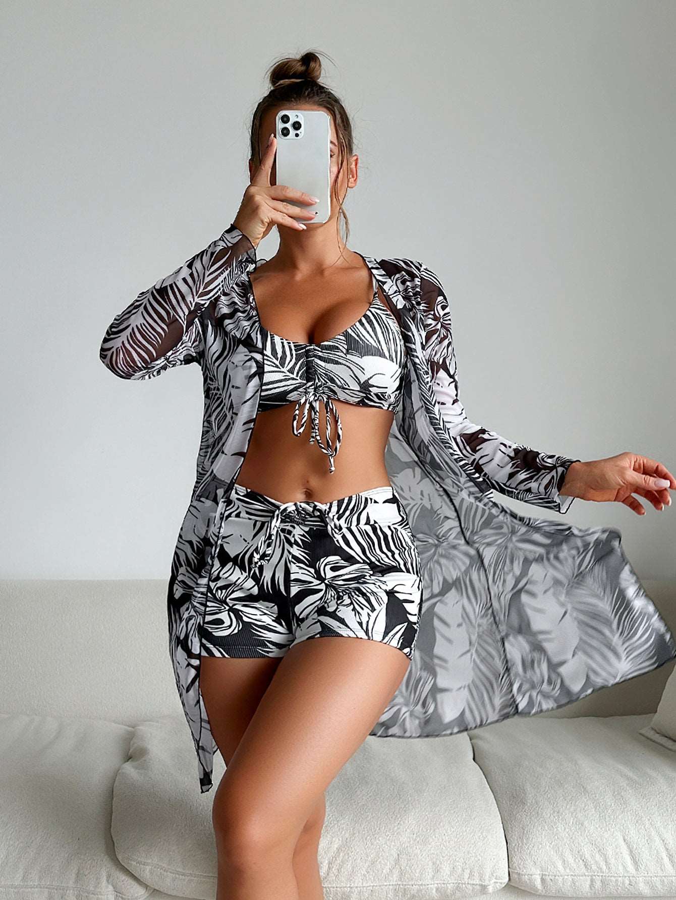 Swimsuit BikiniShortsThreepieceSetGorgeousFeather49230115 Swimsuit | Bikini Shorts Three-piece Set Gorgeous Feather