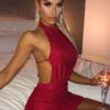 Bodycon Dress Backless Halter Mini Dress Wine Red - Gorgeous Feather
