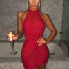 Bodycon Dress Backless Halter Mini Dress Wine Red - Gorgeous Feather