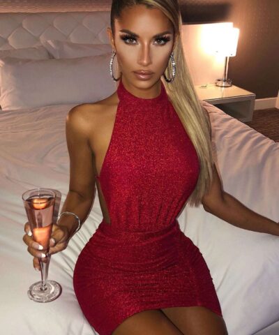 Bodycon Dress Backless Halter Mini Dress Wine Red