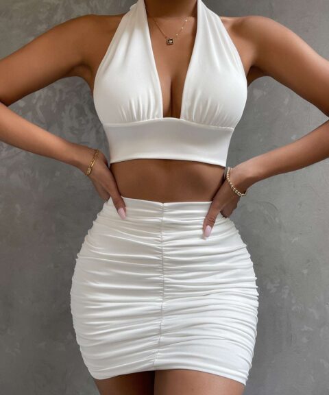 Halter Crop Top & Ruched Mini Skirt Set