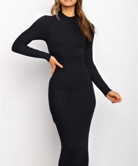 Black Ribbed Long-Sleeve Bodycon Midi Dress