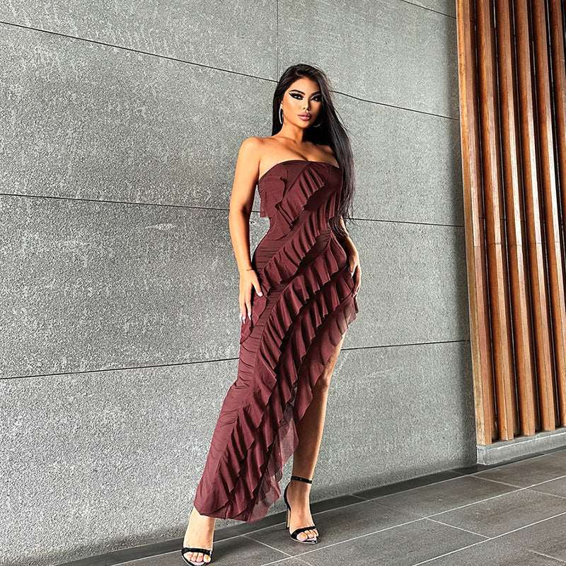 images Bodycon Dress Tube Top Backless Split Tassel - Gorgeous Feather