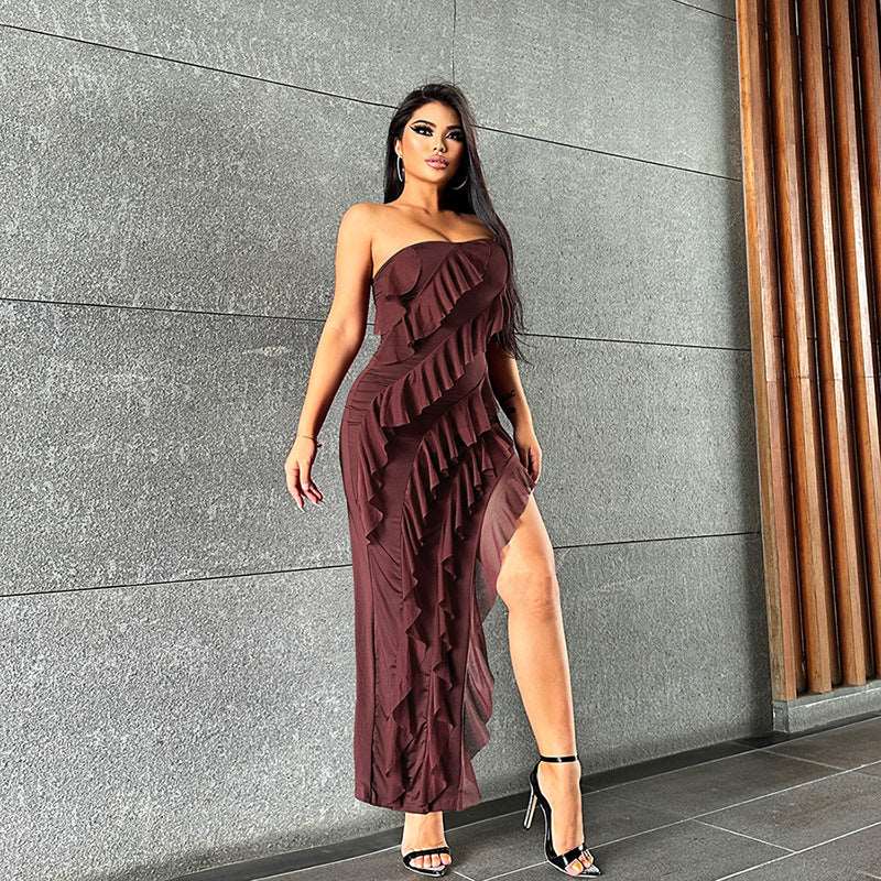 images Bodycon Dress Tube Top Backless Split Tassel - Gorgeous Feather