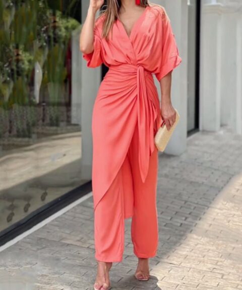 Casual Dress | V-neck Leisure Suit Red