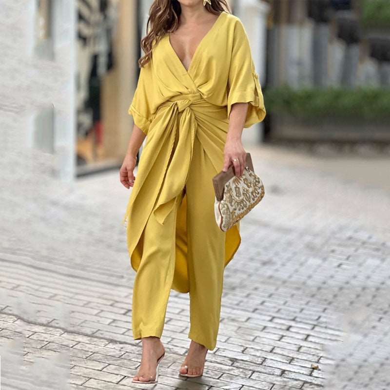 casualdressvneckleisuresuityellowgorgeousfeather781401 Casual Dress | V-neck Leisure Suit Yellow Gorgeous Feather