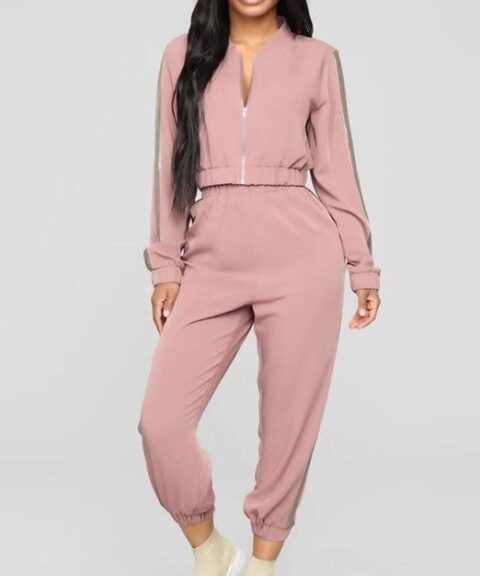 Pink Zip-Front Lounge Top & Pants Set