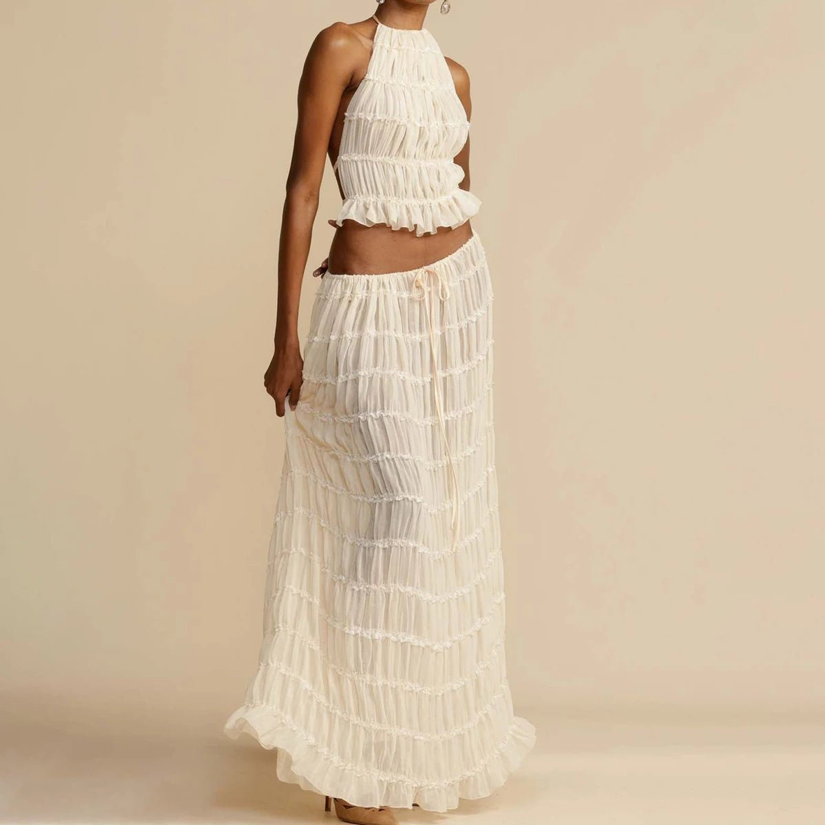Maxi Dress | Halter Top Pleated Long Dress - Gorgeous Feather