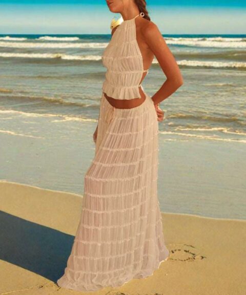 Maxi Dress | Halter Top Pleated Long Dress