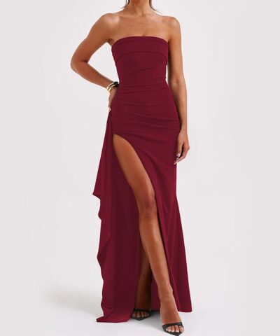 Maxi Dress | Strapless Split Mermaid Dress W/Red - Gorgeous Feather
