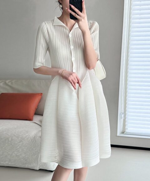 Pleated Short-Sleeve Shirt Dress