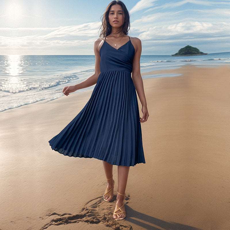 Midi Dress | Summer Sleeveless Sling Pleated Dress - Gorgeous Feather