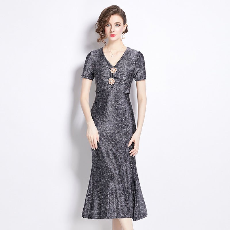 Midi Dress | V - neck Rhinestone Tight Waist - Gorgeous Feather