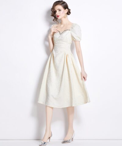 Midi Dress | White Puff Sleeve Square-Neck