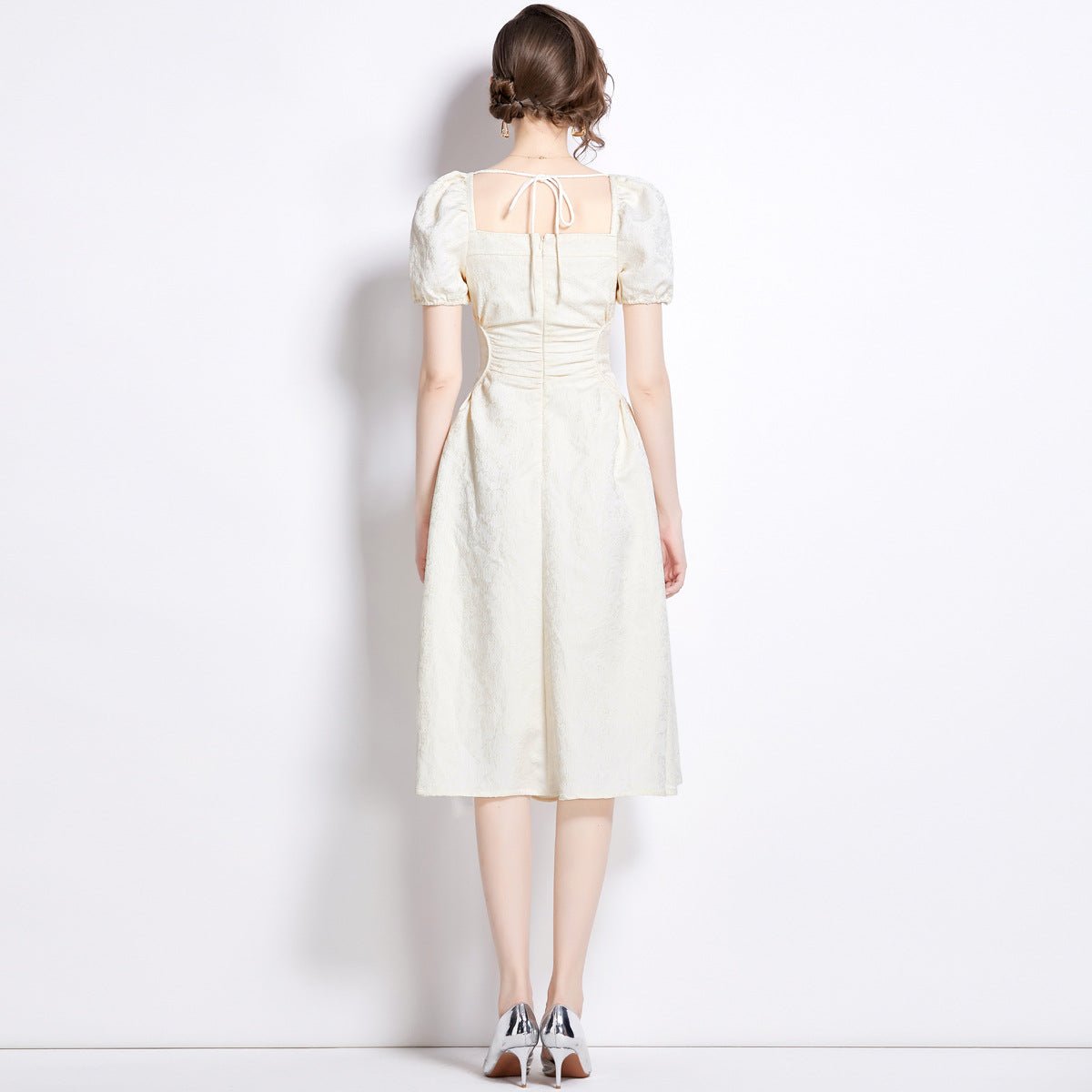 Midi Dress | White Puff Sleeve Square - Neck - Gorgeous Feather