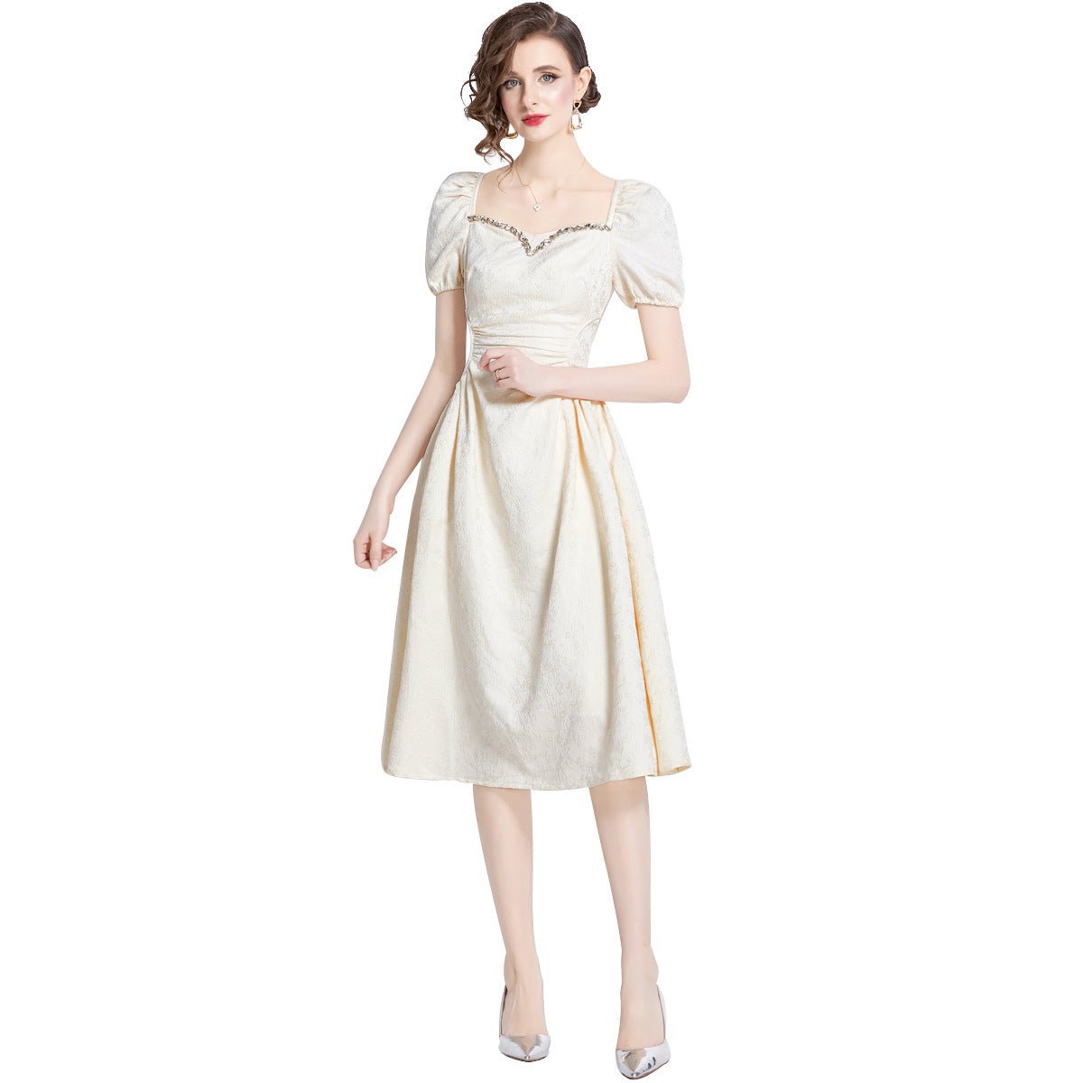 Midi Dress | White Puff Sleeve Square - Neck - Gorgeous Feather