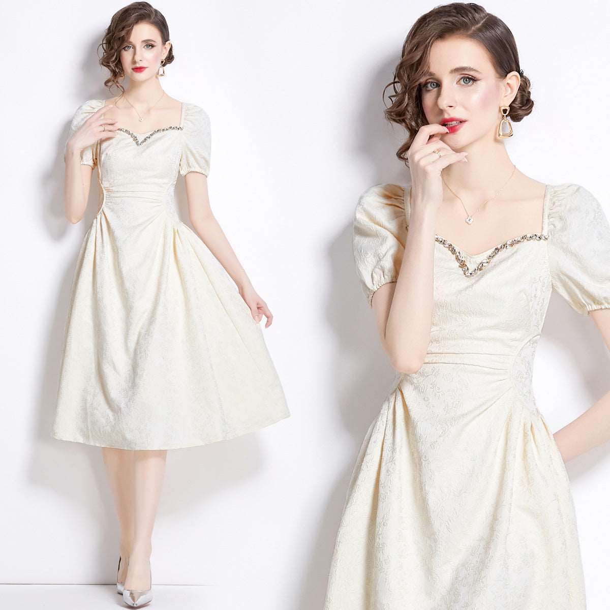 Midi Dress | White Puff Sleeve Square - Neck - Gorgeous Feather