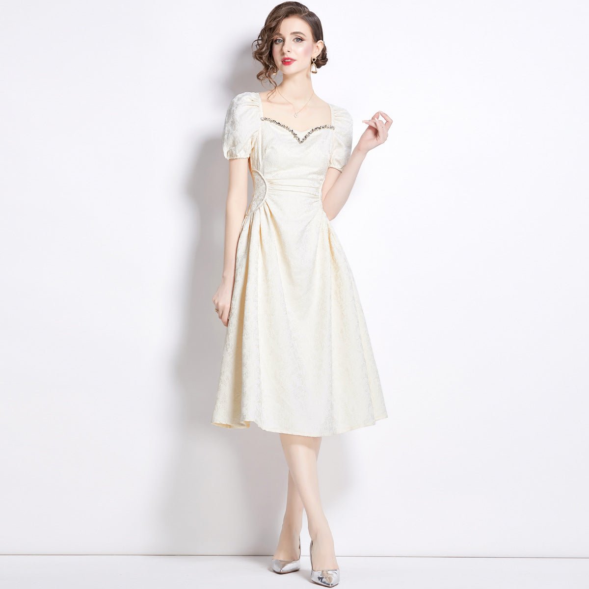 Midi Dress | White Puff Sleeve Square - Neck - Gorgeous Feather