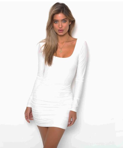 White Ruched Long-Sleeve Mini Dress