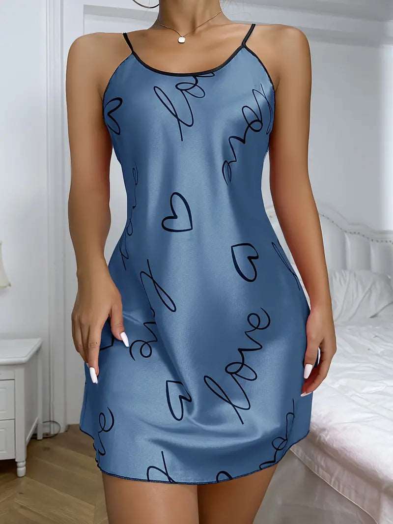 images Pajama Set | Satin Slip Dress Night Dress Love Blue - Gorgeous Feather