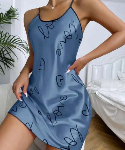 images Pajama Set | Satin Slip Dress Night Dress Love Blue - Gorgeous Feather