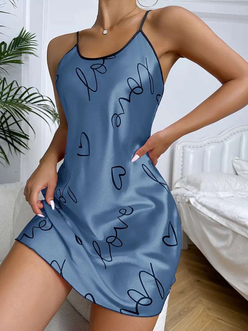 images Pajama Set | Satin Slip Dress Night Dress Love Blue - Gorgeous Feather
