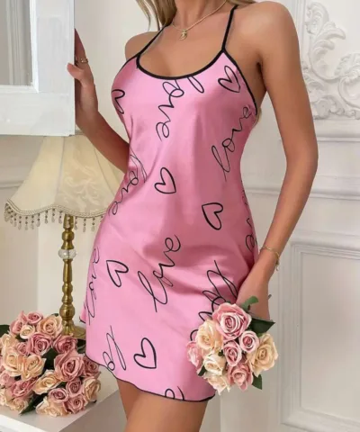 Pajama Set | Satin Slip Dress Night Dress Love Pink - Gorgeous Feather