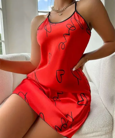 Red Love-Print Satin Nightdress