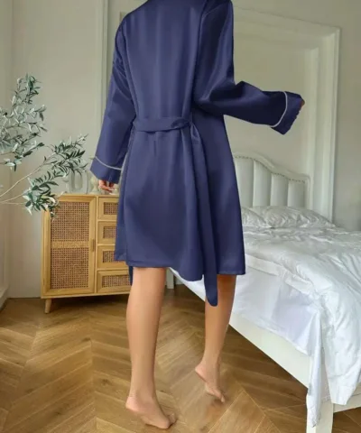 images Pajama Set | Silky Satin Three pcs Set Navy Blue - Gorgeous Feather