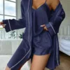 images Pajama Set | Silky Satin Three pcs Set Navy Blue - Gorgeous Feather