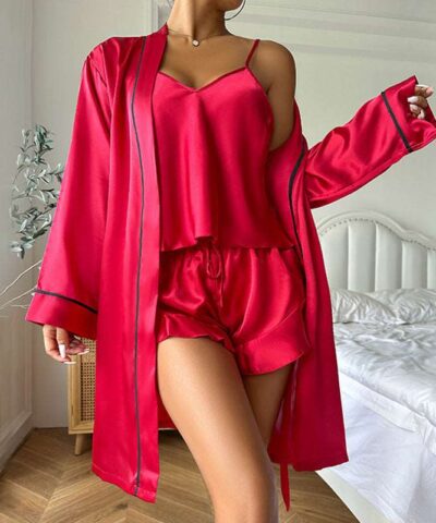 Pajama Set | Silky Satin Three pcs Set Red