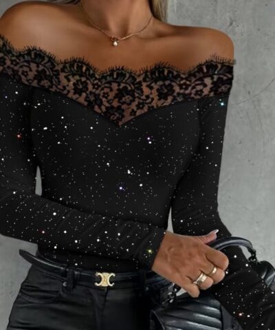 Party Top | Off - shoulder Bronzing Lace Top - Gorgeous Feather