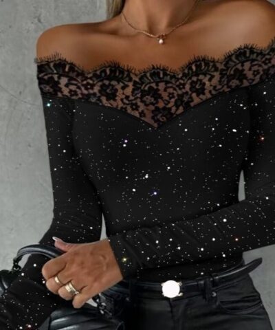 Party Top | Off-shoulder Bronzing Lace Top